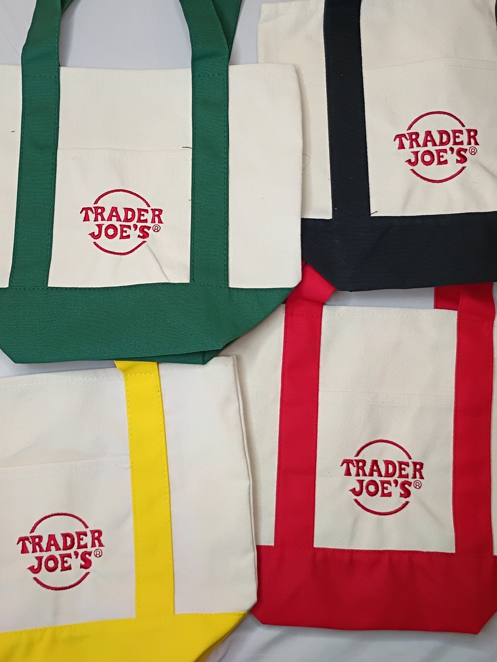 Trader Joe's 4 Mini Canvas Tote Bags  Red Green Black Yellow Original Color Set